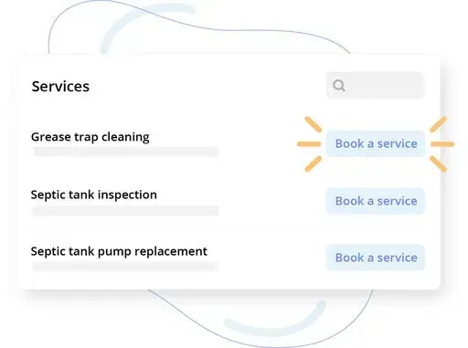 Minimal service booking list UI showing three plumbing-related services with a search bar and blue 'Book a service' buttons.