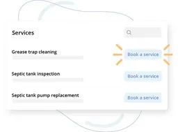 Minimal service booking list UI showing three plumbing-related services with a search bar and blue 'Book a service' buttons.