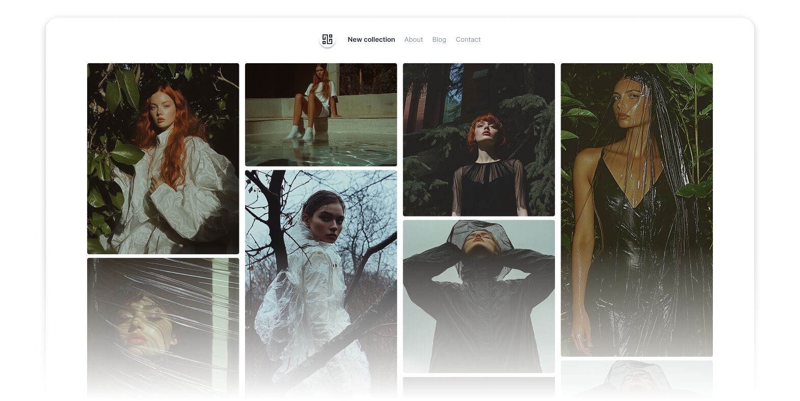 Fashion portfolio webpage showing a grid of moody editorial portraits of women, with a simple header and navigation links. Images feature models in nature and water with dramatic lighting and rain-soaked or translucent fabrics.