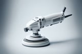 Close-up of a white electric orbital polisher/sander on a neutral gradient background.