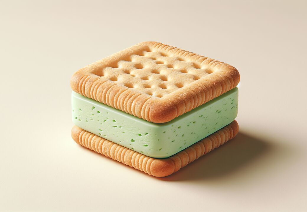 Square ice cream sandwich with mint-green filling between two golden biscuits on a soft beige background.