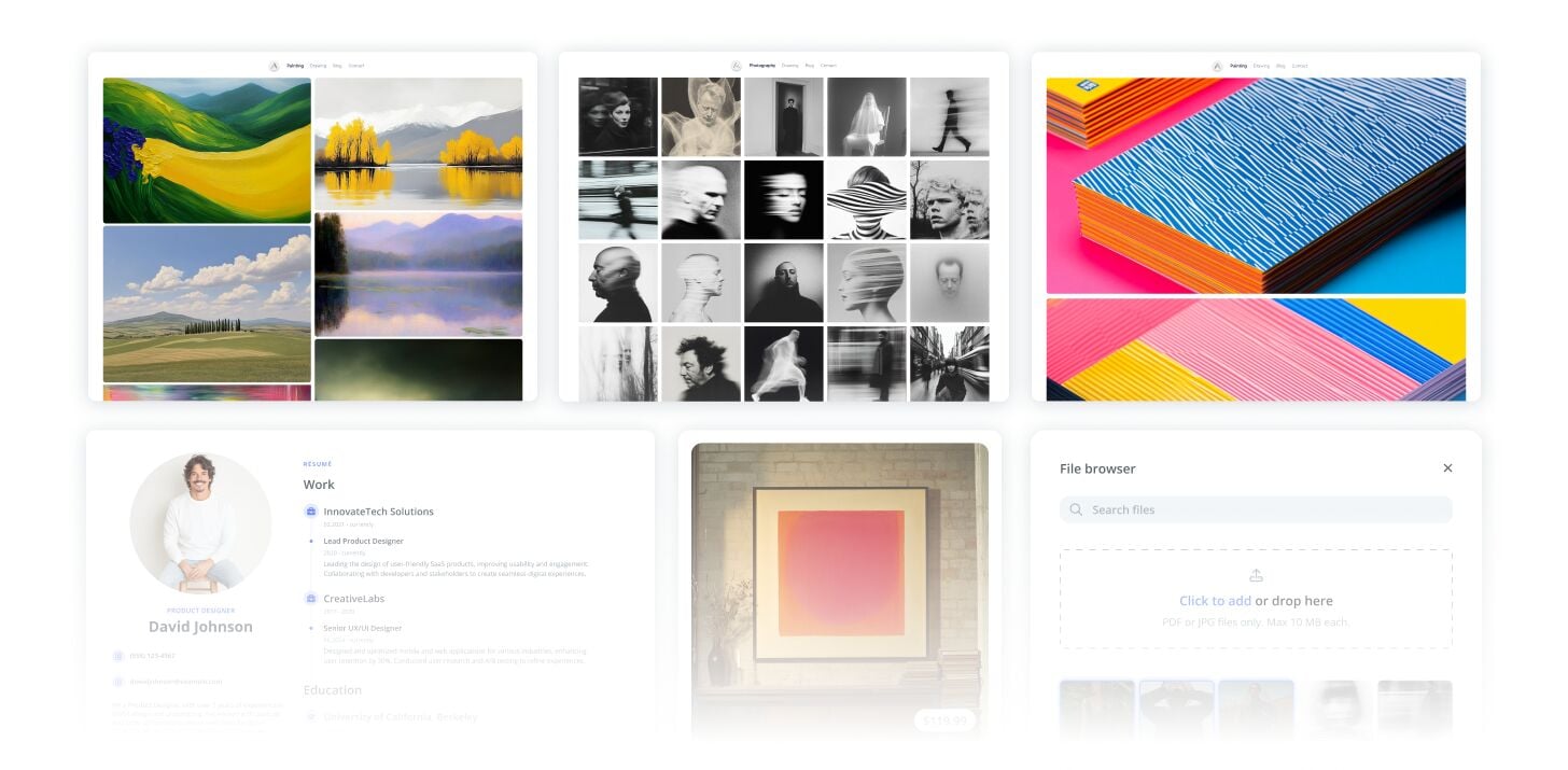 Clean UI mockups showcasing art galleries, photography grid, colorful paper stacks, a resume profile, framed gradient artwork, and a file upload browser.