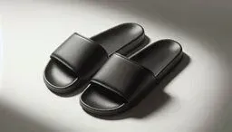 Pair of black slide sandals in a minimalist studio setting with soft directional lighting and gentle shadows.