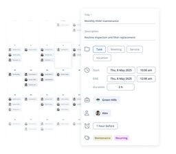 Calendar app interface with an event details panel for "Monthly HVAC maintenance" showing schedule, type, location, assignee, reminder, and tags.
