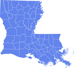 Outline map of Louisiana showing parish boundaries in solid blue with white borders.