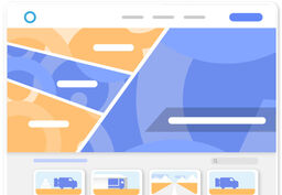 Illustration of a website interface showing a large colorful hero banner with abstract blue and orange geometric shapes and rounded placeholders, plus a row of small thumbnail cards beneath it.