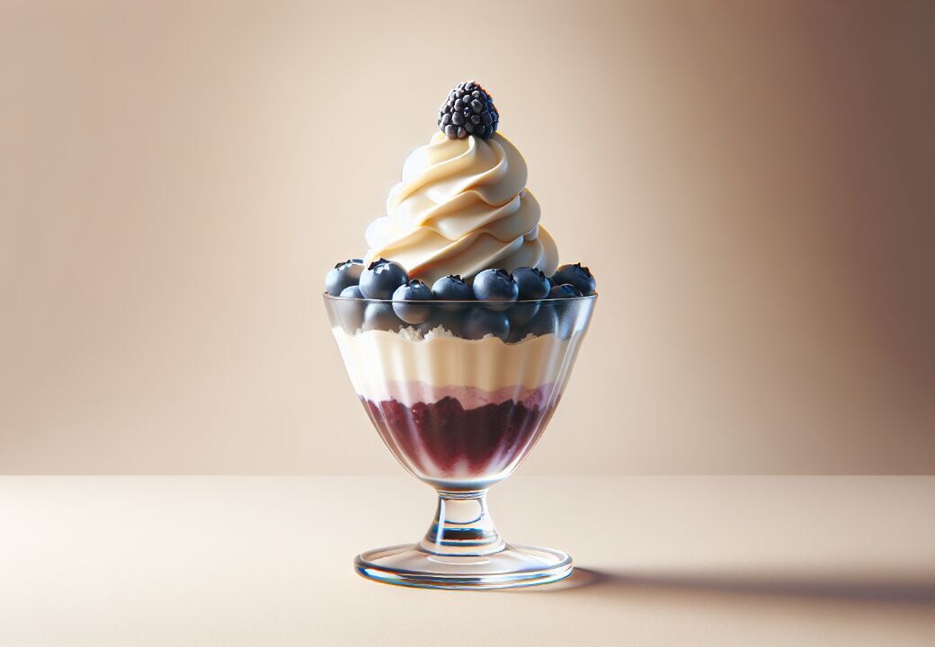 Elegant glass dessert cup filled with layered berry parfait topped with a swirl of vanilla soft-serve, fresh blueberries around the rim, and a single blackberry on top, set against a soft beige background.