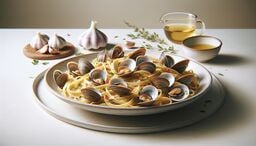 A plated serving of linguine alle vongole, with open clams nestled among glossy pasta strands, garnished with parsley and thin chili slices; garlic bulbs, olive oil, and a small bowl of broth sit in the softly lit background on a minimalist table.