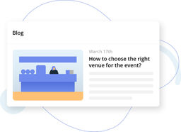 Minimal blog card UI showing an illustration and a post preview with the title 'How to choose the right venue for the event?' and date March 17th.