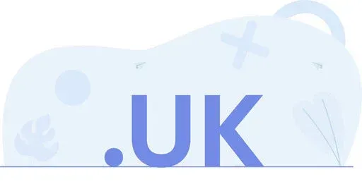 Minimalist banner featuring the text .UK in bold blue with abstract pale blue shapes and plant-like graphics in the background.