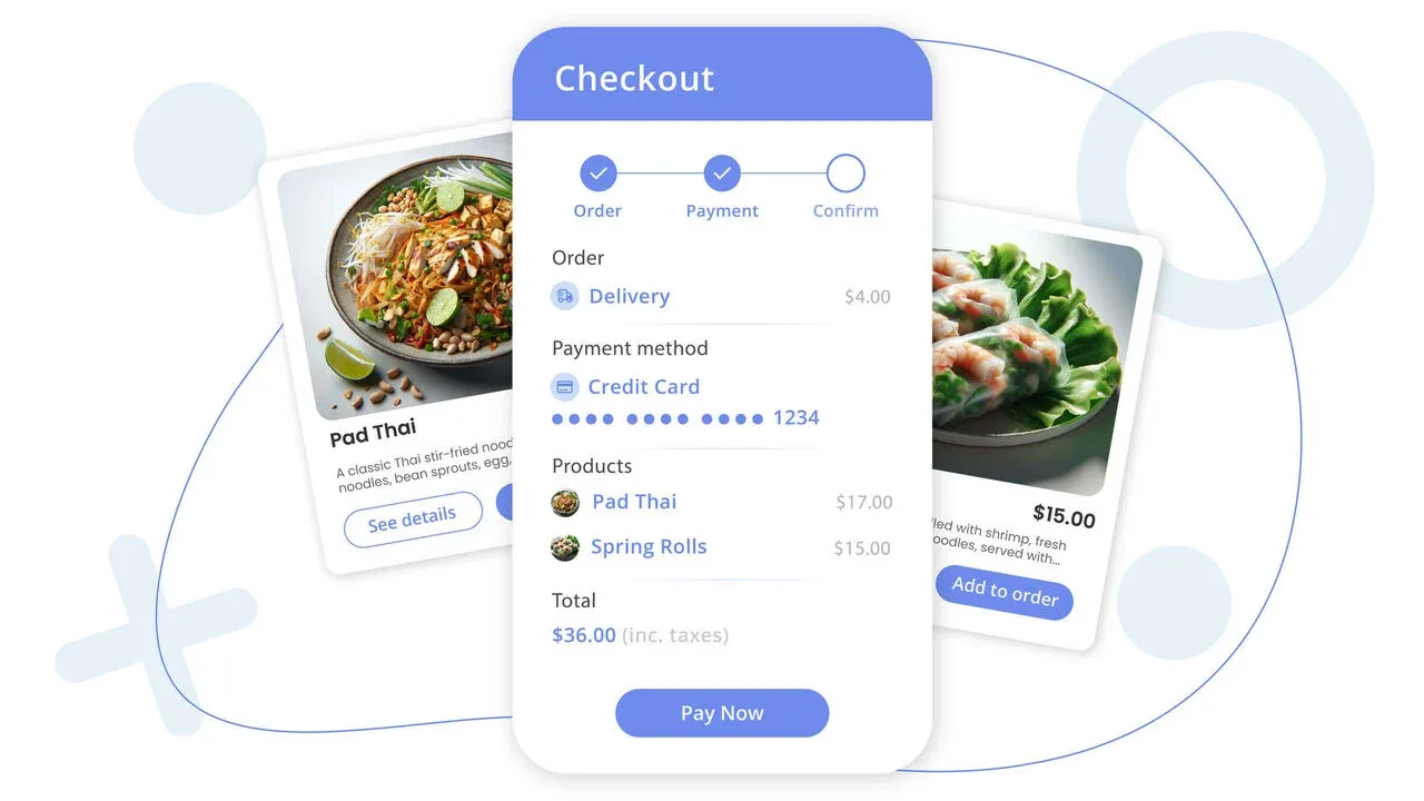 Food delivery app checkout UI showing order and payment steps for Pad Thai and Spring Rolls.