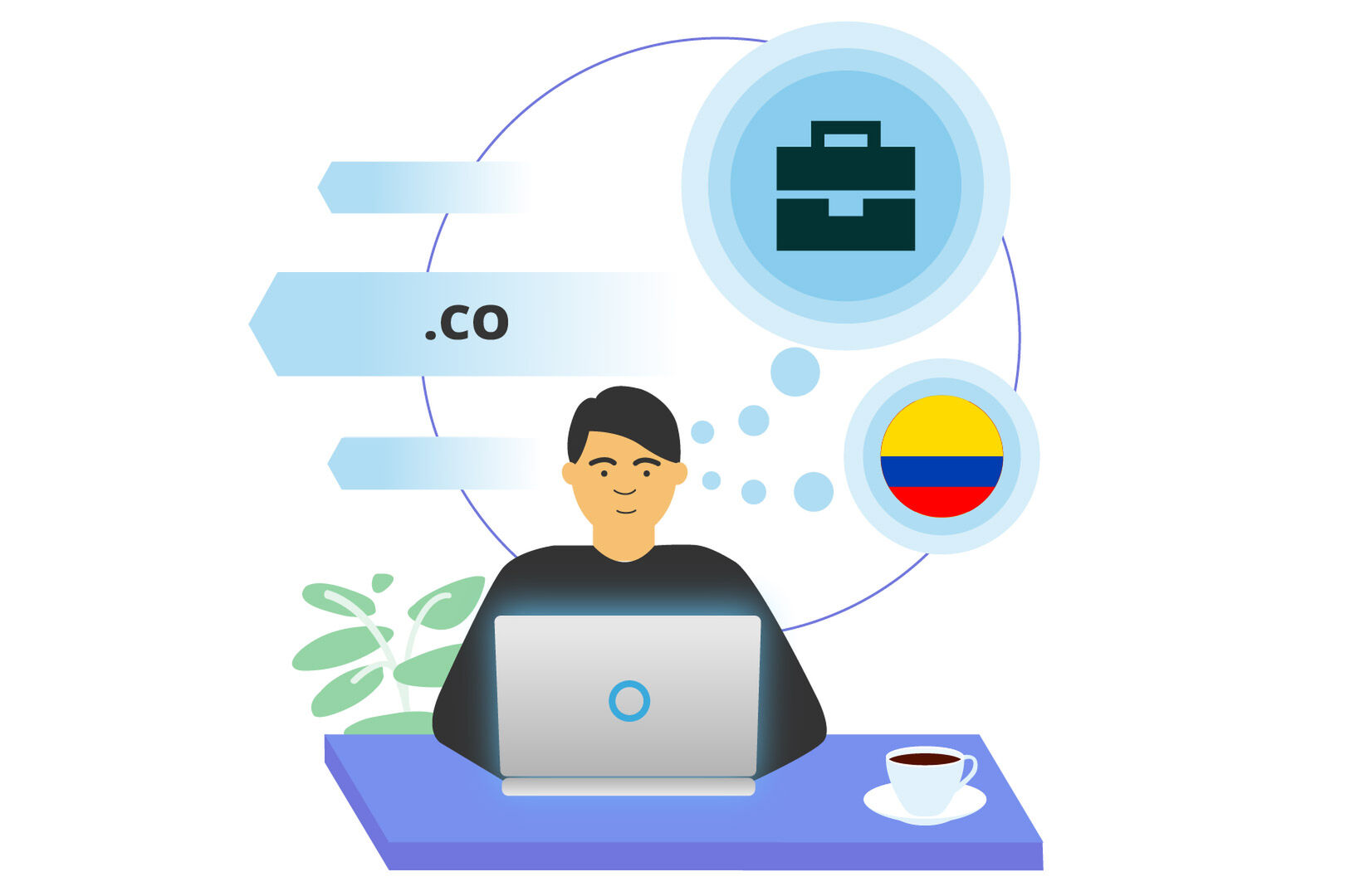 Illustration of a person working on a laptop with icons suggesting a .co domain, business briefcase, and the Colombian flag, plus a coffee cup and plant on the desk.