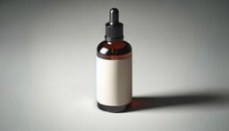 Amber glass dropper bottle with blank cream label on a neutral background casting a long soft shadow.