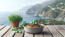 Bowl of pasta garnished with fresh basil on a wooden table overlooking a sunny coastal cliffside and turquoise sea, with a small potted herb beside it.