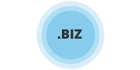 Minimalist .BIZ logo with bold black text centered inside concentric blue circles on a white background