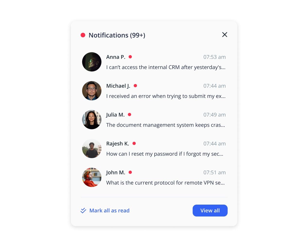 UI panel showing a notifications list with avatars, message previews, times, and actions
