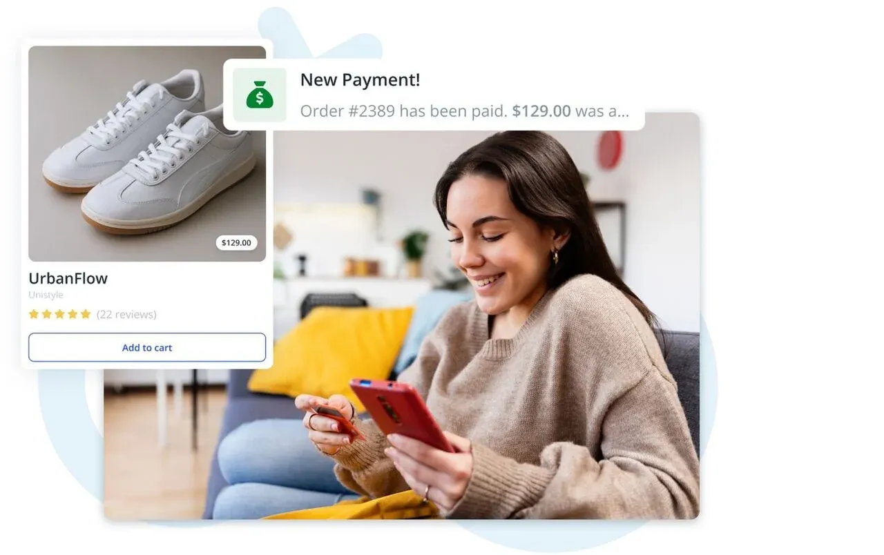 Woman shopping online on phone with credit card, receiving payment confirmation; overlay shows sneaker product card.