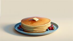 Stack of pancakes with butter and syrup on a blue plate with berries