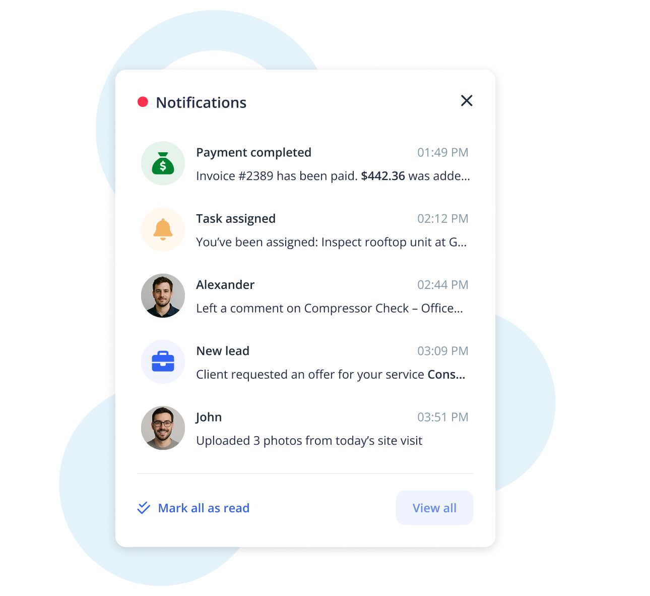 Notifications panel UI listing recent updates with icons, avatars, times, and actions.