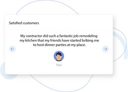 Testimonial card with arrows and a quote from a satisfied customer named Tom about a successful kitchen remodel.