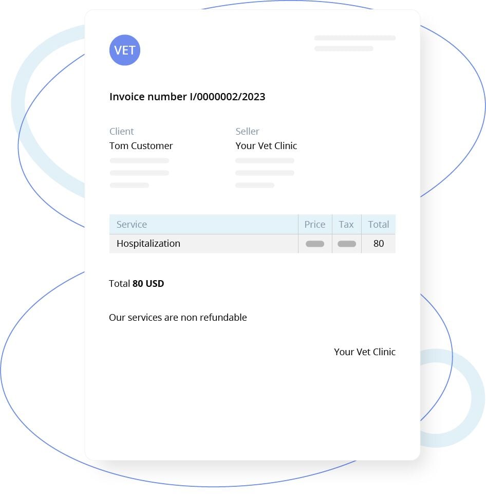 Minimal vet clinic invoice showing a single charge for hospitalization totaling 80 USD.