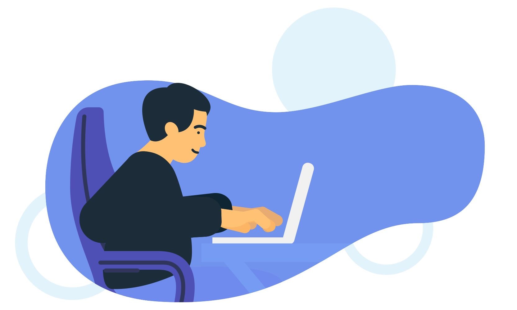 Illustration of a person typing on a laptop while seated at a desk.