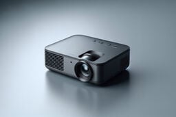 Sleek black multimedia projector on a smooth gray surface, lit softly from above.