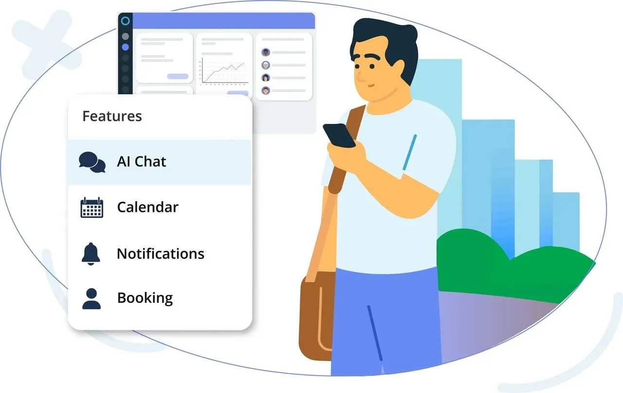Illustration of a person using a smartphone with a pop-up menu of mobile app features including AI Chat, Calendar, Notifications, and Booking, set against a dashboard UI and cityscape background.