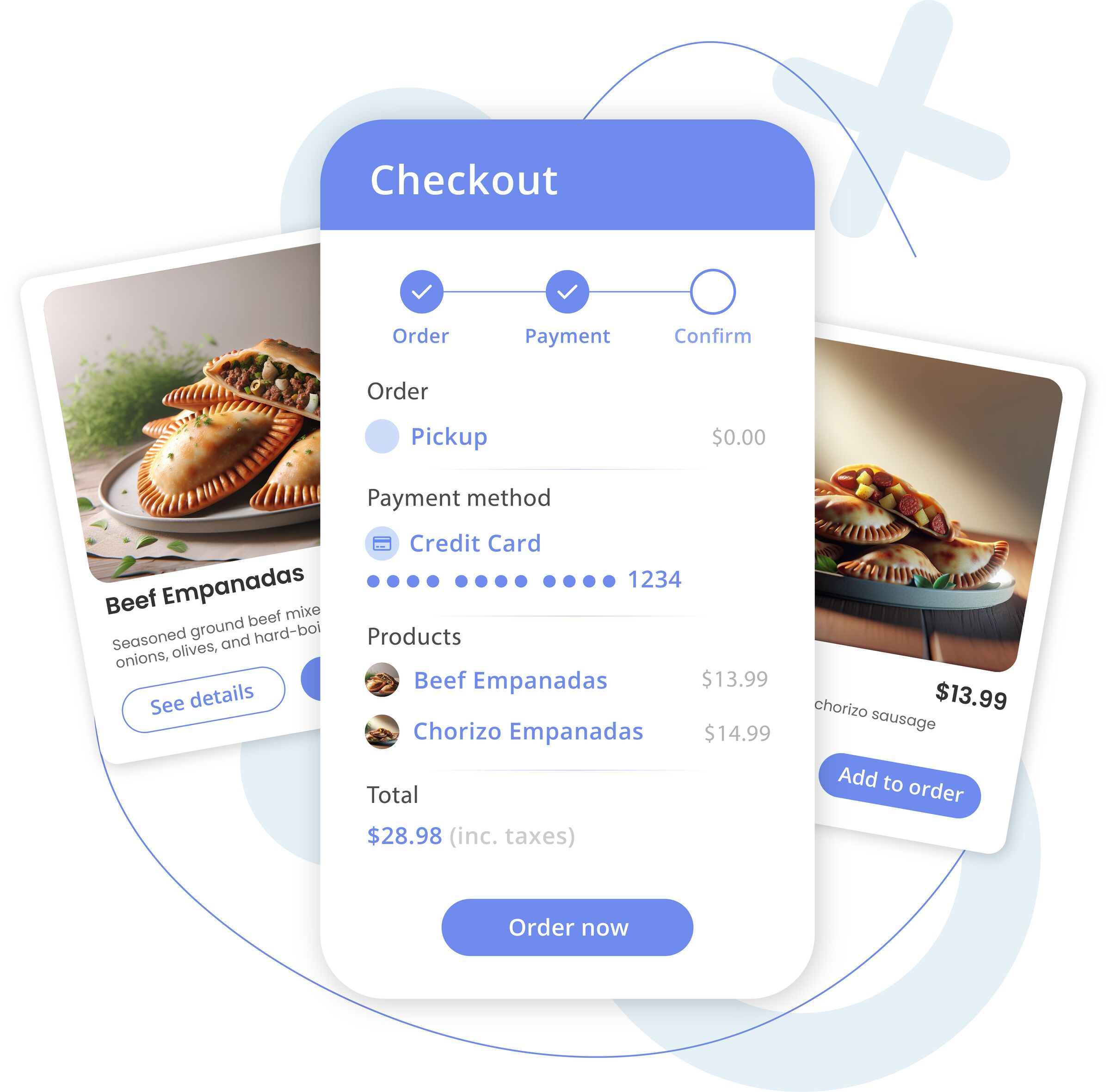 Mobile checkout UI for ordering empanadas with pickup option and credit card payment selected.