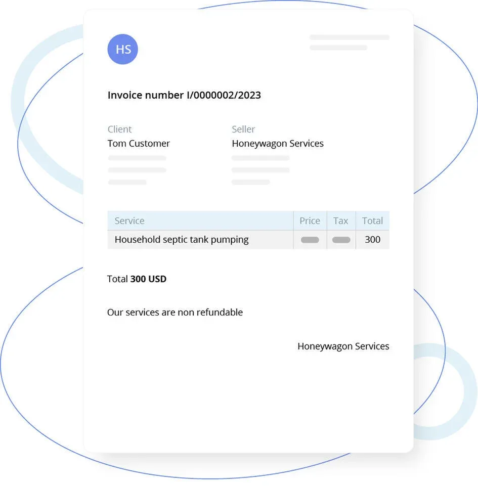 Clean invoice mockup showing a service bill for household septic tank pumping totaling 300 USD.