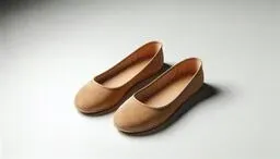 Minimal product photo of a pair of tan ballet flats on a light gray background, lit from the upper left to create soft shadows.