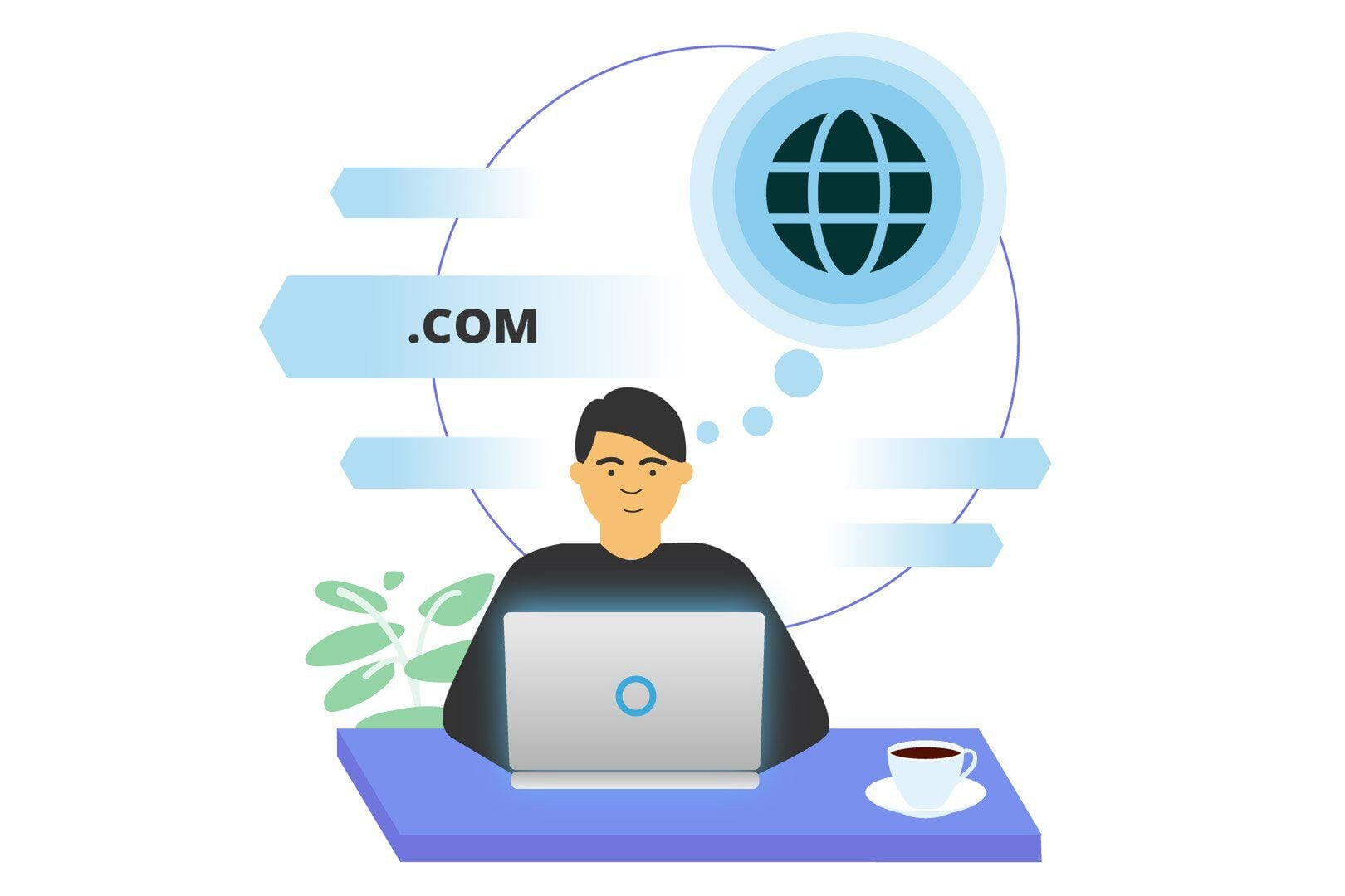 Illustration of a person using a laptop, thinking about a web domain with .com and a globe icon.