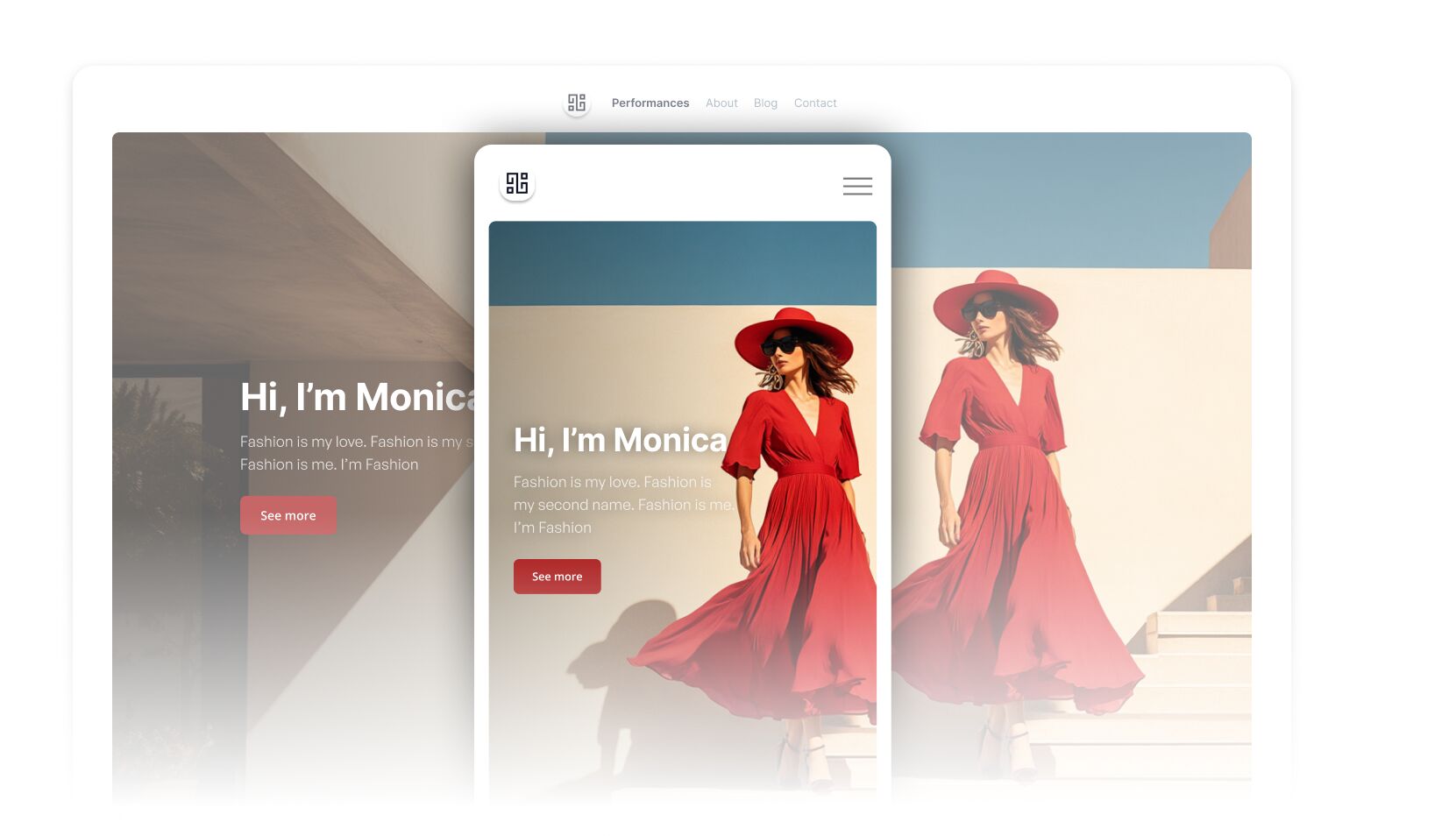 UI mockup showing a fashion portfolio website on desktop and mobile, featuring a woman in a flowing red dress and hat with headline 'Hi, I’m Monica' and a call-to-action button.