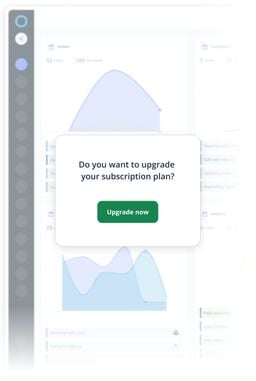 Pop-up on a dashboard asking to upgrade subscription plan with a green 'Upgrade now' button.