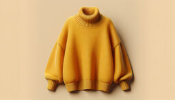 Mustard yellow oversized turtleneck sweater against a smooth beige background.