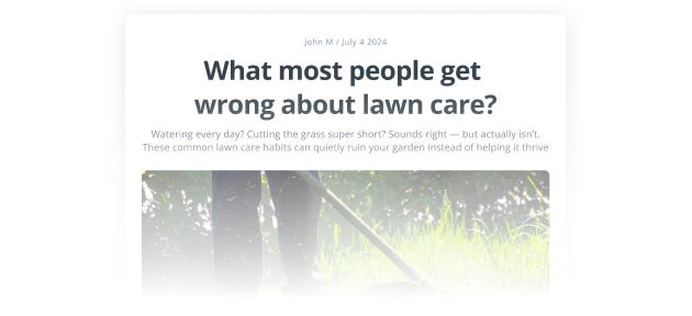 Blog post header about lawn care with title, date, author, and faint photo of mowing grass.