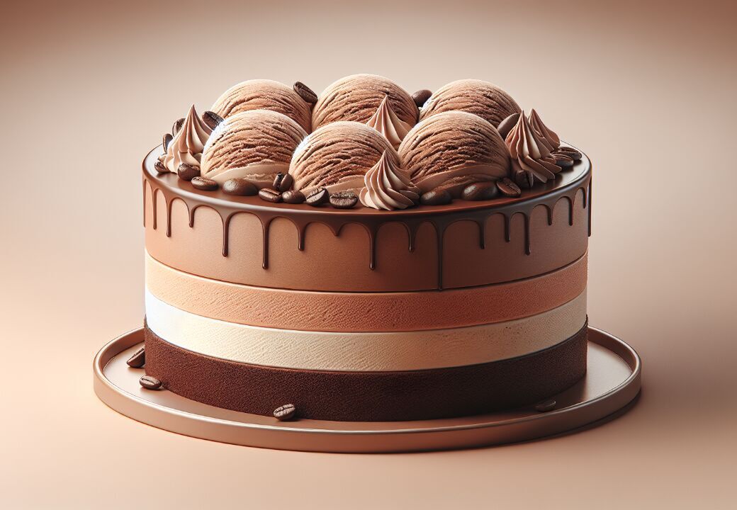 Layered chocolate and coffee mousse cake topped with scoops of chocolate ice cream, chocolate ganache drips, and coffee bean decorations on a neutral background.