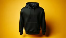 Black hoodie with drawstrings and front pocket floating against a vibrant yellow background.