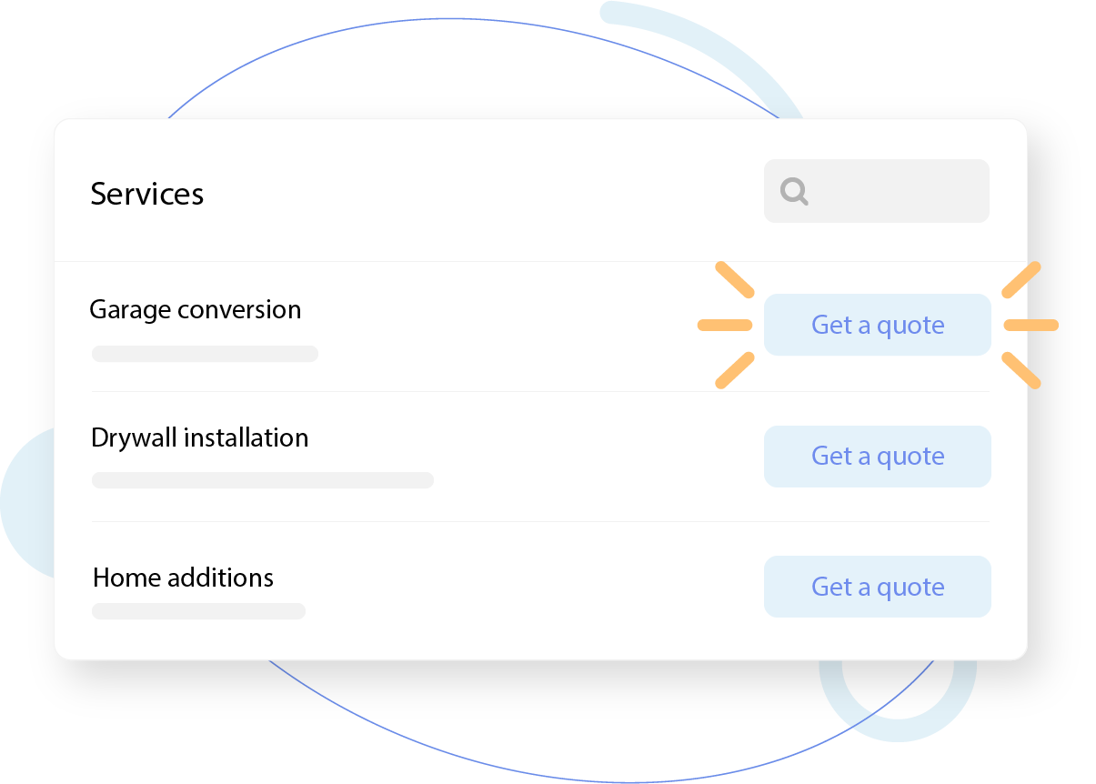 UI mockup of a services list with a highlighted 'Get a quote' button.