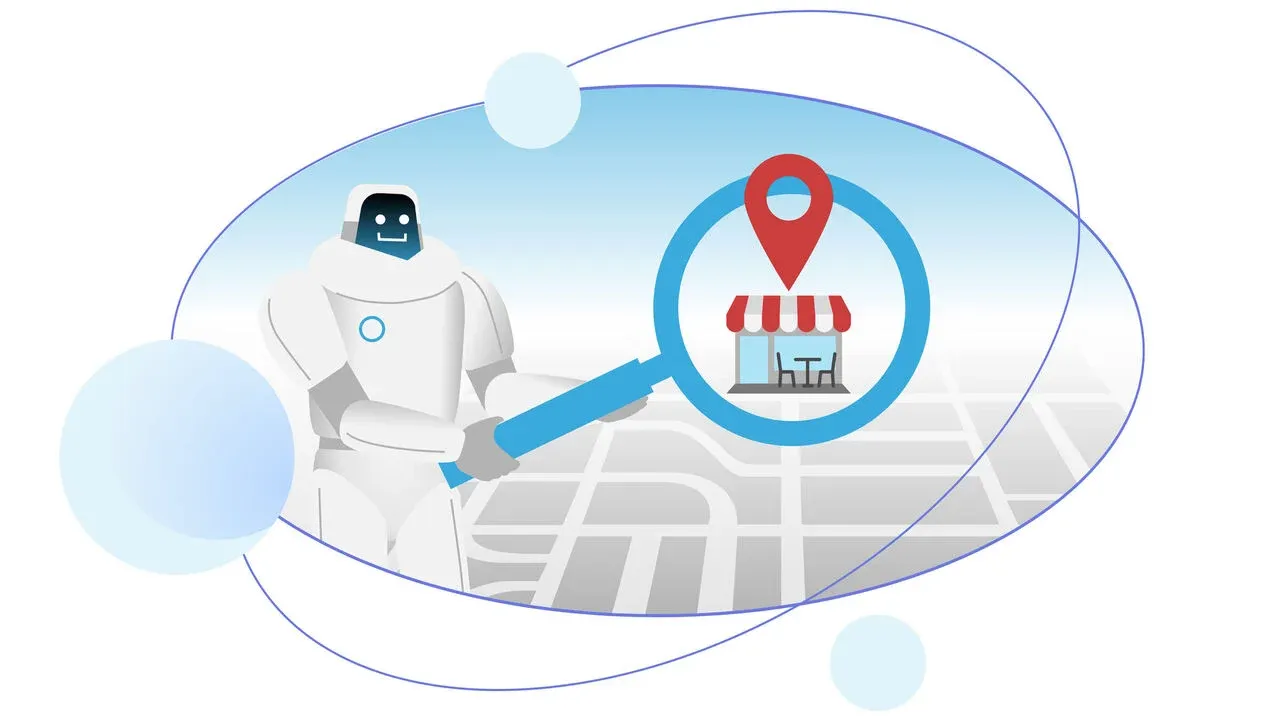 Friendly robot holding a magnifying glass over a city map, highlighting a small local shop with a location pin.