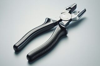 Close-up of a pair of metal pliers with black textured handles placed on a smooth light gray surface.