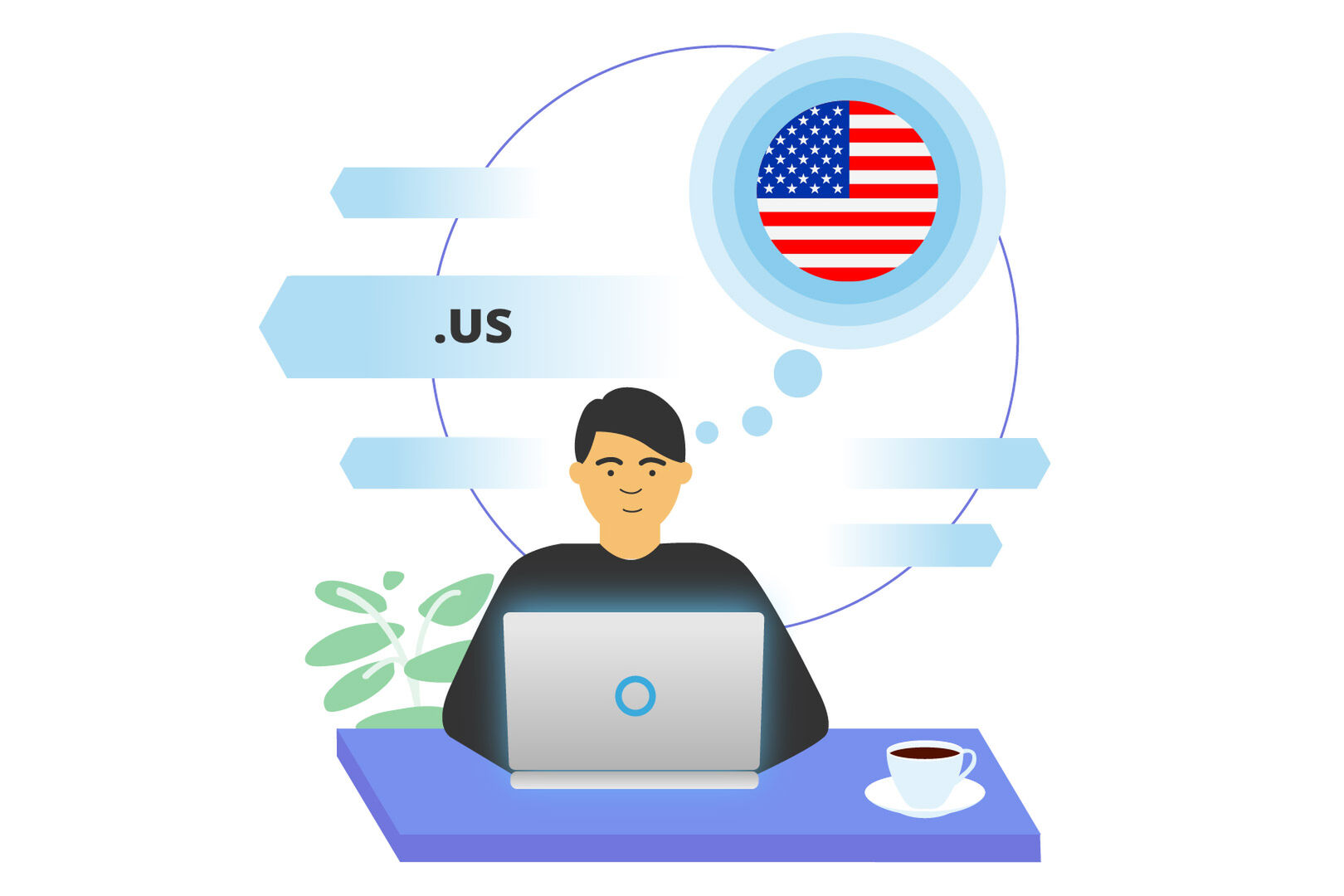 Illustration of a person working on a laptop, thinking about a .US domain with a US flag icon.