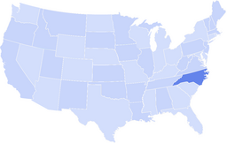 Map of the United States with North Carolina highlighted in a darker blue while all other states are in light blue.