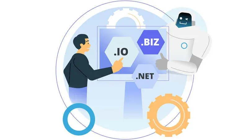 Illustration of a person and a friendly robot choosing domain extensions like .io, .biz, and .net on a transparent screen.