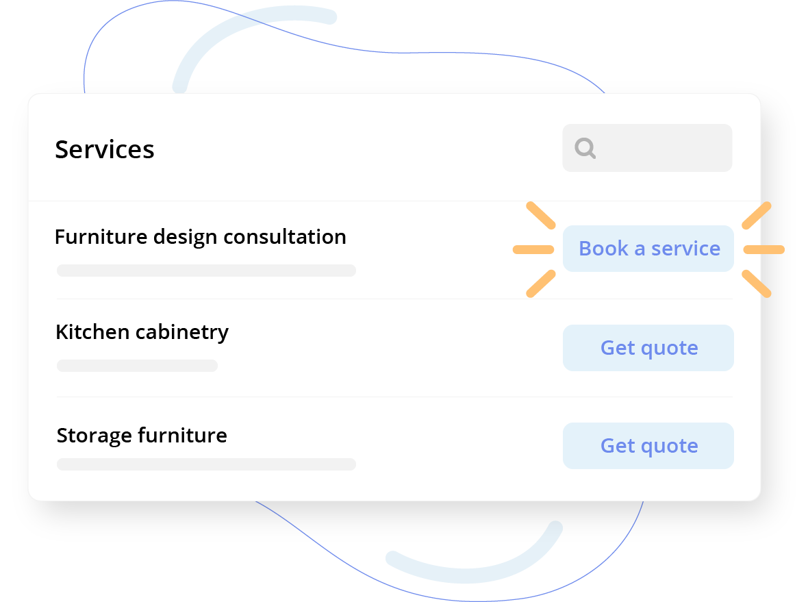 UI mockup of a Services list with options and call-to-action buttons such as Book a service and Get quote.