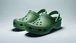 Pair of green rubber clogs with heel straps on a neutral background