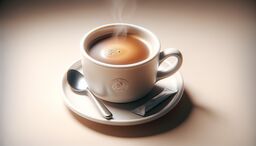 Steaming cup of coffee on a saucer with a spoon and sugar packet