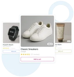 E-commerce product cards showing a smartwatch, white classic sneakers, and a skincare balm with ratings, prices, and Add to cart buttons.