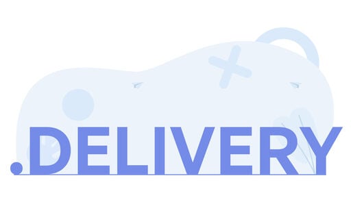Graphic with the word .DELIVERY in large blue letters on a light background with abstract shapes and small paper planes.