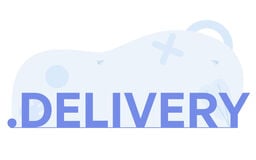 Graphic with the word .DELIVERY in large blue letters on a light background with abstract shapes and small paper planes.